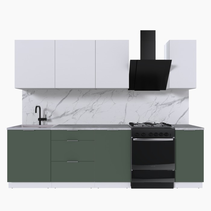 Набор корпусной мебели для кухни " Микс Топ-6" белый премиум/дымчато зеленый/мрамор лацио белый