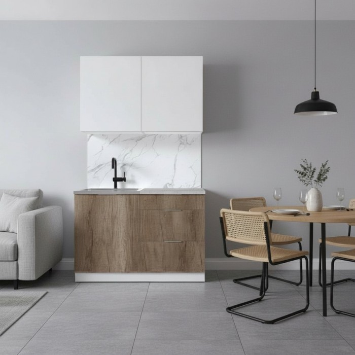 Набор корпусной мебели для кухни " Микс Топ-1" белый премиум/дуб каньон/мрамор лацио белый