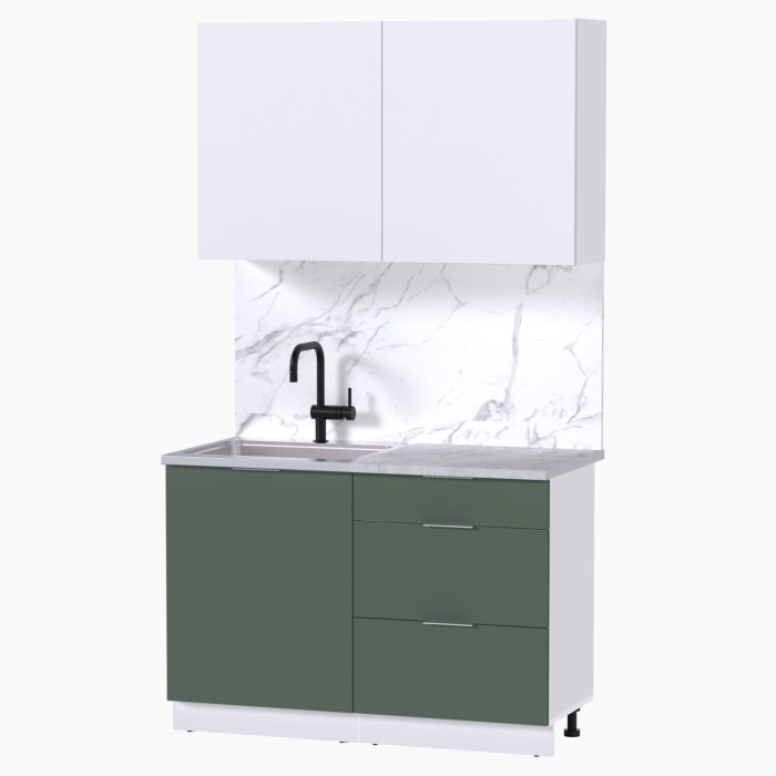 Набор корпусной мебели для кухни " Микс Топ-1" белый премиум/дымчато зеленый/мрамор лацио белый