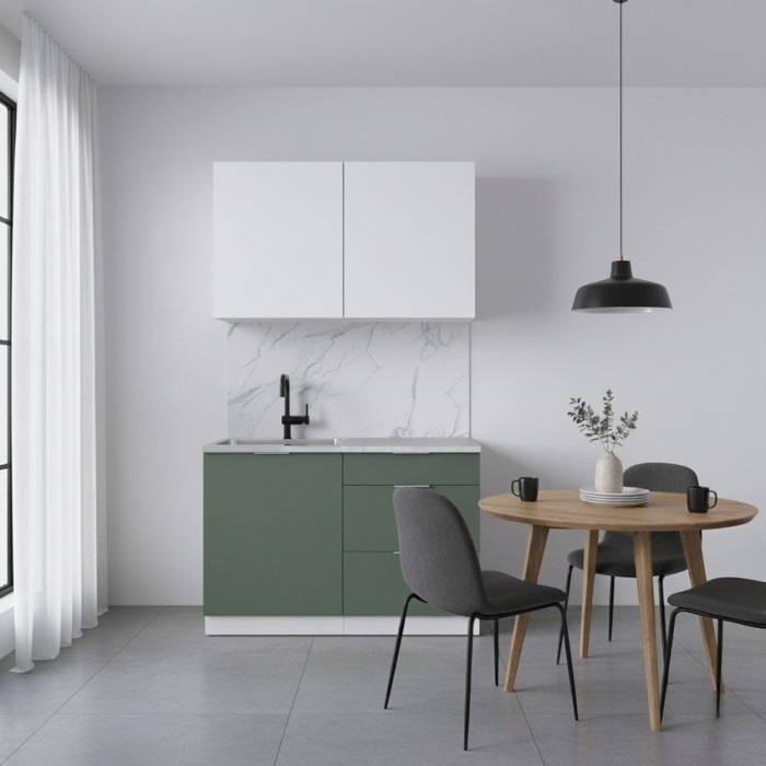 Набор корпусной мебели для кухни " Микс Топ-1" белый премиум/дымчато зеленый/мрамор лацио белый