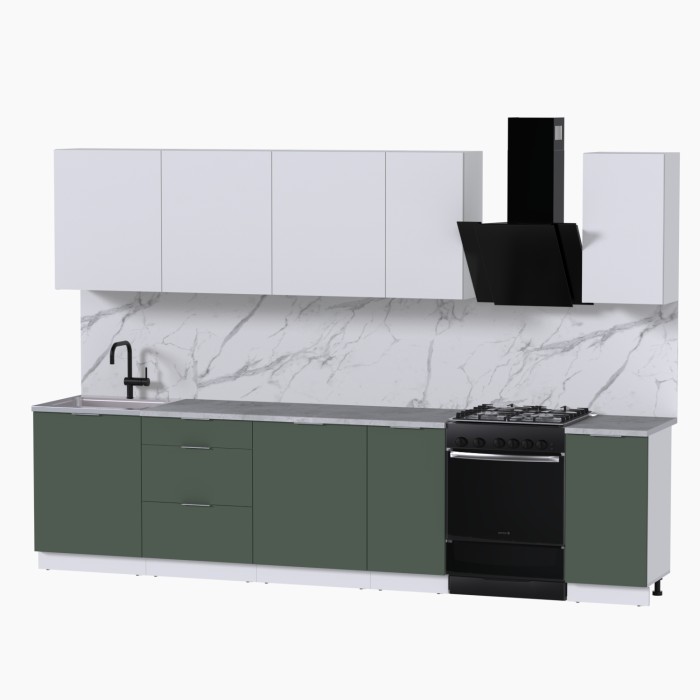 Набор корпусной мебели для кухни " Микс Топ-9" белый премиум/дымчато зеленый/мрамор лацио белый