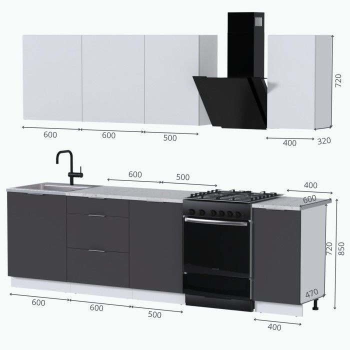 Набор корпусной мебели для кухни " Микс Топ-6" белый премиум/ графит серый/мрамор лацио белый