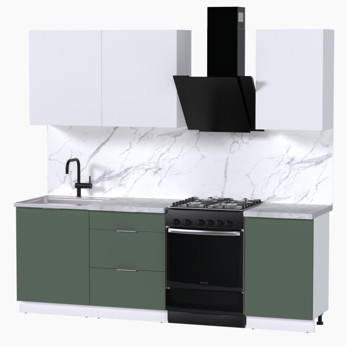 Набор корпусной мебели для кухни " Микс Топ-3" белый премиум/дымчато зеленый/мрамор лацио белый