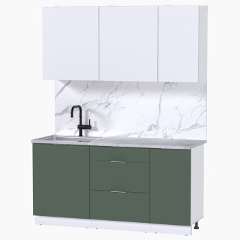 Набор корпусной мебели для кухни " Микс Топ-2" белый премиум/дымчато зеленый/мрамор лацио белый